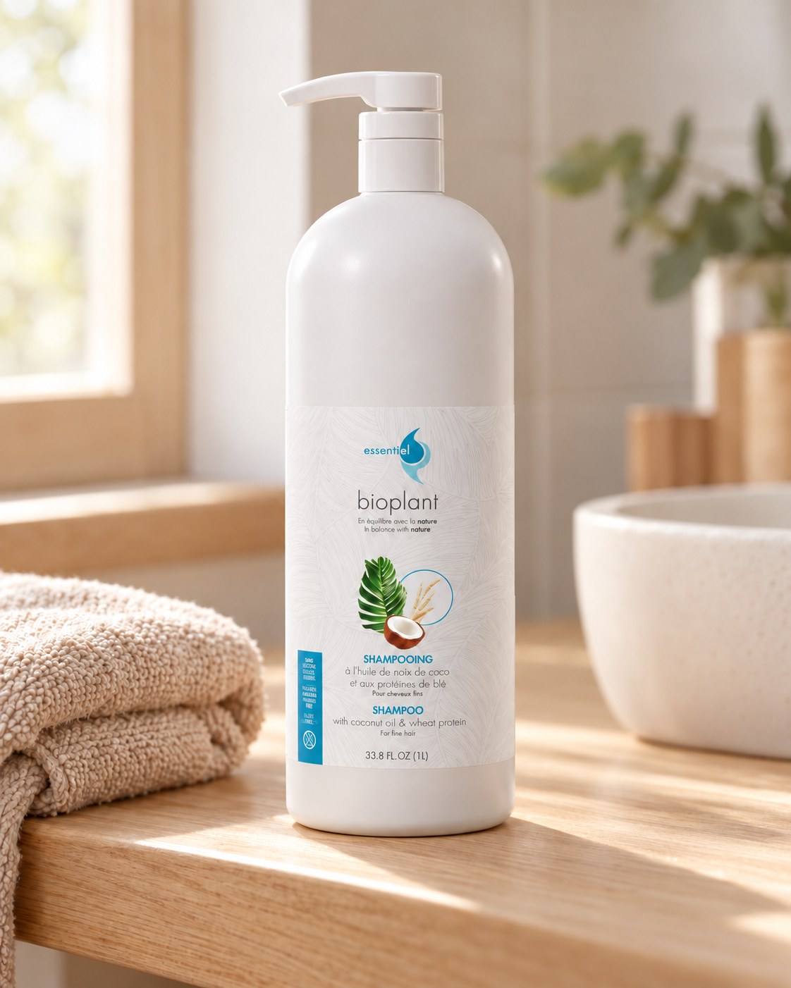 Shampoing Bioplant à l'huile de noix de coco sur une étagère en bois