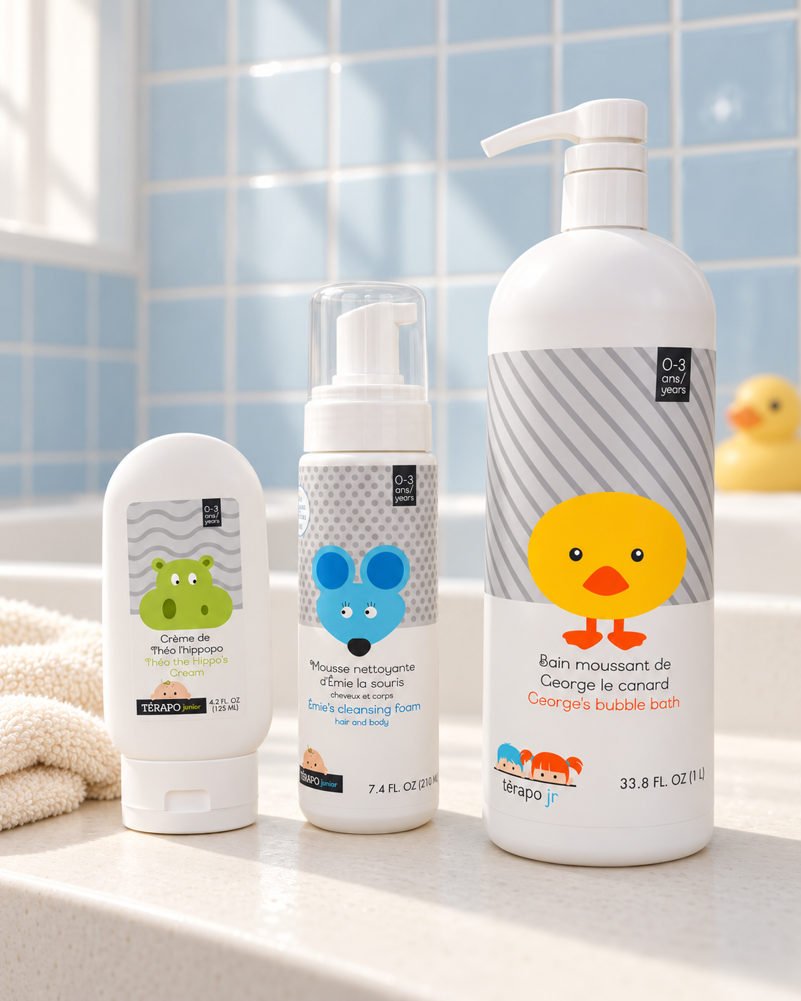 Produits Térapo Junior : crème, mousse nettoyante et bain moussant